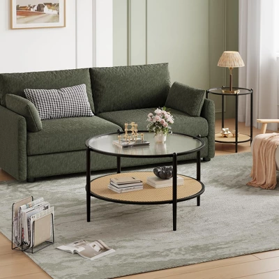 30" Rattan Coffee Table, 2-Tier Round End Table With Storage, Round Water-Wave Glass Metal Center Tables 9 30" Rattan Coffee Table, 2-Tier Round End Table With Storage, Round Water-Wave Glass Metal Center Tables - Image 7