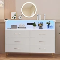 Garvee 6 Drawer Dresser With LED Lights & Charging Station, Soft Pink Modern Storage Chest With Open Shelf For Bedroom, Entryway, TV Stand -Garvee GUEST 803a4596 8e1d 48a4 8b78 070010d03c45