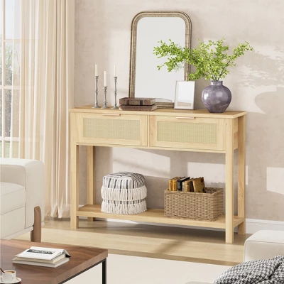 Rattan Entryway Table, Wood Console Table With 2 Drawers, Sofa Table With Storage, Console Tables For Entryway, Living Room, Hallway, Foyer 5 Rattan Entryway Table, Wood Console Table With 2 Drawers, Sofa Table With Storage, Console Tables For Entryway, Living Room, Hallway, Foyer - Image 3
