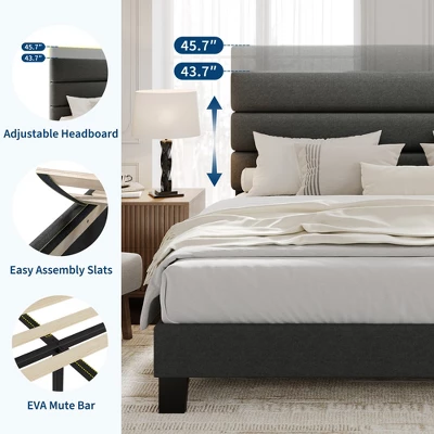 King Bed Frame Platform Bed With Adjustable Headboard, Linen Fabric Upholstered And Wooden Slats Support, Easy Assembly, Dark Grey 5 King Bed Frame Platform Bed With Adjustable Headboard, Linen Fabric Upholstered And Wooden Slats Support, Easy Assembly, Dark Grey - Image 3