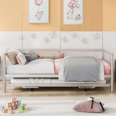 Twin Size Daybed With Pop Up Trundle, Bed Frame With Braces Safety Guardrail, No Box Spring Needed, Sturdy Metal Slat Support, Folding Platform Bed 4 Twin Size Daybed With Pop Up Trundle, Bed Frame With Braces Safety Guardrail, No Box Spring Needed, Sturdy Metal Slat Support, Folding Platform Bed - Image 2