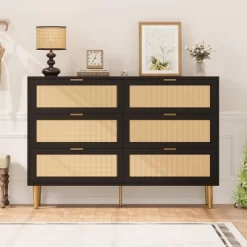 Rattan 6 Drawer Dresser, Wide Double Dresser With Gold Handles & Legs, Modern Chest With Large Storage For Bedroom Or Living Room