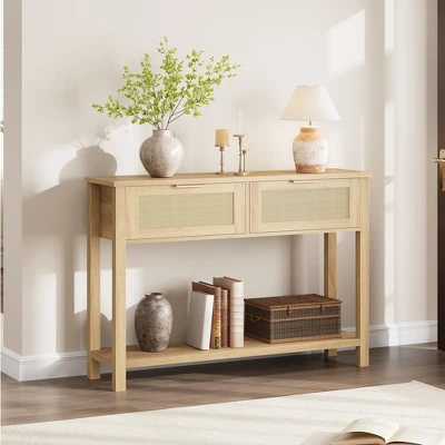 Rattan Entryway Table, Wood Console Table With 2 Drawers, Sofa Table With Storage, Console Tables For Entryway, Living Room, Hallway, Foyer 4 Rattan Entryway Table, Wood Console Table With 2 Drawers, Sofa Table With Storage, Console Tables For Entryway, Living Room, Hallway, Foyer - Image 2