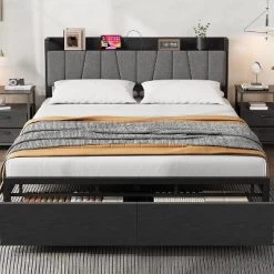 Bed Frame With Storage Headboard, Industrial Platform Bed With 2 Large Drawers And Charging Station, Black No Box Spring Needed Bed Frame -Garvee GUEST 8268430e c395 45d0 9ada b096405155b1