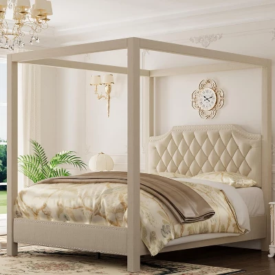 Upholstered Canopy Bed Frame With Headboard, Button Tufted, Nailhead Trim Design, No Box Spring Required 7 Upholstered Canopy Bed Frame With Headboard, Button Tufted, Nailhead Trim Design, No Box Spring Required - Image 5