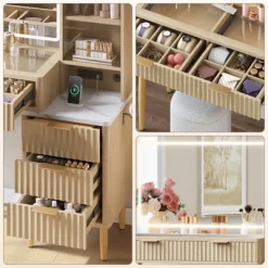 Makeup Vanity Desk With Lights, Fluted Wooden Dressing Table With 5 Drawers And Adjustable Shelves, Makeup Vanity Table Modern Glass Top For Bedroom -Garvee GUEST 82c6e27f 4a8d 40ee b68d cf6ea27f2093