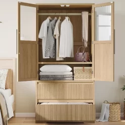Wooden Armoire Wardrobe Closet With Shelves & Hanging Rod, Wardrobe Armoire Cabinet With Glass Doors And 2 Drawers, For Bedroom, Living Room -Garvee GUEST 83702e8a 26e7 4fd4 9b71 ca39f9c02eb3