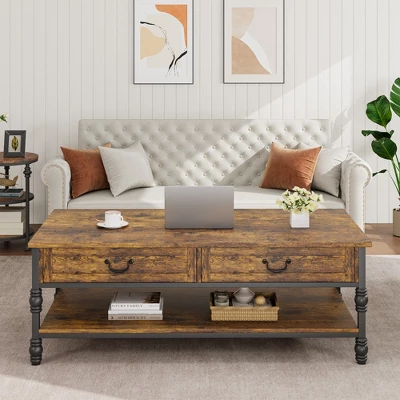 41" Rustic Coffee Table With 2 Storage Drawers, Rectangular Coffee Tables W/ Storage Shelf And Metal Legs, Wood Large Coffee Table For Living Room 3 41" Rustic Coffee Table With 2 Storage Drawers, Rectangular Coffee Tables W/ Storage Shelf And Metal Legs, Wood Large Coffee Table For Living Room
