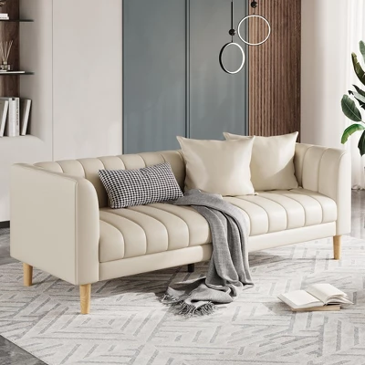 Faux Leather Sofa Couch, Modern 78" W Sofa With Deep Seats, 3 Seater Sofa Couch With 2 Throw Pillows And Wood Legs 9 Faux Leather Sofa Couch, Modern 78" W Sofa With Deep Seats, 3 Seater Sofa Couch With 2 Throw Pillows And Wood Legs - Image 7