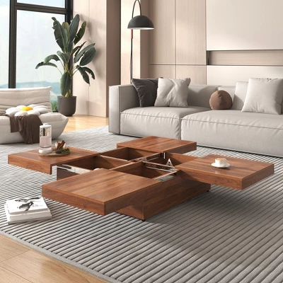 39.4" Sliding Top Coffee Table, Slide Table With 4 Storage Compartments, Farmhouse Square Marble Veneer Coffee Table 6 39.4" Sliding Top Coffee Table, Slide Table With 4 Storage Compartments, Farmhouse Square Marble Veneer Coffee Table - Image 4
