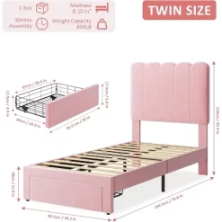 2 Sets Twin Bed Frame With Under-Bed Drawer, Boucle Upholstered Platform Bed With Wave Headboard, Wooden Slats Support, No Box Spring Needed, Pink -Garvee GUEST 8573317f 3f6f 474d a20e 3cebc59c0519