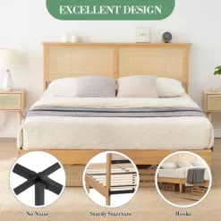 Rattan Bed Frame Full With Natural Rattan Headboard,Bohemian Rattan Full Size Bed Frame With LED Lights, With Silent Slats,No Box Spring Needed (Full) -Garvee GUEST 85d0ee2f 94b5 4681 87e4 3818c7feeda6