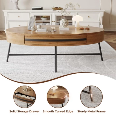 Oval Coffee Table With Drawer Mid-Century Modern Center Table 47.2“ Wooden Coffee Table With Storage 5 Oval Coffee Table With Drawer Mid-Century Modern Center Table 47.2“ Wooden Coffee Table With Storage - Image 3