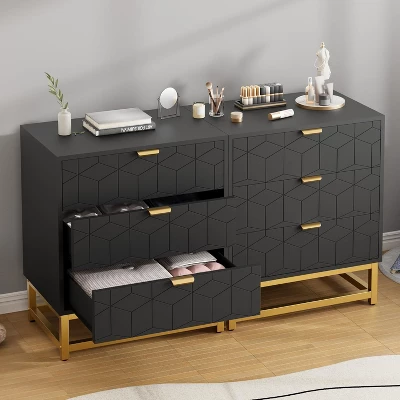 Modern 3/4/5/6/7 Drawer Dresser, Wide Chest With Gold Metal Legs & Handles, Wood Storage Organizer For Bedroom, Living Room, Hallway 3 Modern 3/4/5/6/7 Drawer Dresser, Wide Chest With Gold Metal Legs & Handles, Wood Storage Organizer For Bedroom, Living Room, Hallway