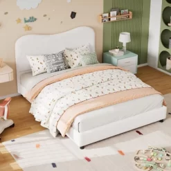 Bed Frame For Kids With Velvet Upholstered Headboard, Cute Low Profile Platform Bed For Girls And Boys, No Box Spring Needed