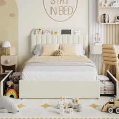 Twin/Twin XL/Full/Queen Bed Frame With Bookcase Headboard And 2 Drawers, Kids Bed Frame, Boucle Upholstered Platform Bed, Easy Assembly