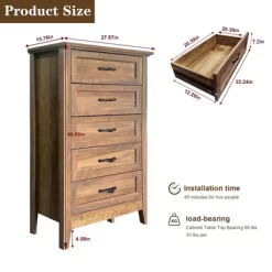 5 Drawer Vintage Wood Dresser, Tall Chest For Closet And Bedroom, Storage Organizer For Living Room, Nursery, Hallway, Kids Room
