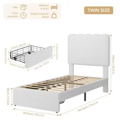 Twin Bed Frame With Storage Drawer And Headboard, Velvet Upholstered Twin Platform Bed Frame For Girls, Strong Wooden Slats Support, Noise-Free