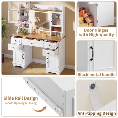 Vanity Desk With LED Lighted Mirror, Makeup Vanity Table With 5 Drawers, 4 Doors, And 3 Storage Shelves For Bedroom, Dressing Room 8 Vanity Desk With LED Lighted Mirror, Makeup Vanity Table With 5 Drawers, 4 Doors, And 3 Storage Shelves For Bedroom, Dressing Room - Image 6