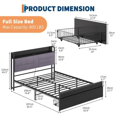 Full Bed Frame With Headboard And Storage, Heavy Duty Bed Frames With 2 Storage Drawers, Black Bedframe With Charging Station, No Box Spring Needed 4 Full Bed Frame With Headboard And Storage, Heavy Duty Bed Frames With 2 Storage Drawers, Black Bedframe With Charging Station, No Box Spring Needed - Image 2