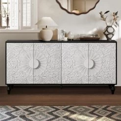 Sideboard Buffet, Wood Floor Cabinet With Carved Flower Door, Metal Handle, Freestanding Sideboard 16 Sideboard Buffet, Wood Floor Cabinet With Carved Flower Door, Metal Handle, Freestanding Sideboard -Garvee GUEST 899117a5 e4fc 4540 81ae 5a8f49fed566