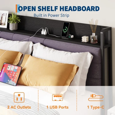 Full Bed Frame With Headboard And Storage, Heavy Duty Bed Frames With 2 Storage Drawers, Black Bedframe With Charging Station, No Box Spring Needed 5 Full Bed Frame With Headboard And Storage, Heavy Duty Bed Frames With 2 Storage Drawers, Black Bedframe With Charging Station, No Box Spring Needed - Image 3