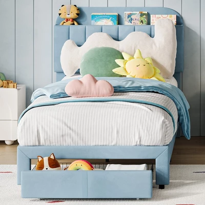 Garvee Twin Bed Frame With Drawer, Velvet Upholstered Platform Bed Frame With Storage Headboard, No Box Spring Needed, Easy Assembly 4 Garvee Twin Bed Frame With Drawer, Velvet Upholstered Platform Bed Frame With Storage Headboard, No Box Spring Needed, Easy Assembly - Image 2