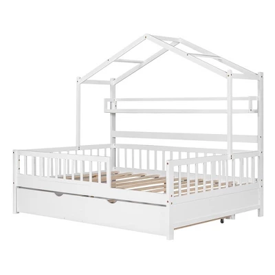 Full Size House Bed With Storage Shelves Full Size Platform Bed Frame With Twin Trundle For Kids Teens Girls Boys White 6 Full Size House Bed With Storage Shelves Full Size Platform Bed Frame With Twin Trundle For Kids Teens Girls Boys White - Image 4