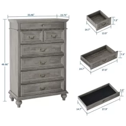 Farmhouse Tall Dresser For Bedroom With 7 Drawers, 50" Tall Large Wood Chest Of Drawers