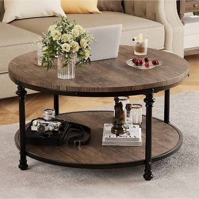 Round Coffee Table Rustic Center Table With Storage Shelf Wood Circle Coffee Table With Sturdy Metal Legs Living Room 8 Round Coffee Table Rustic Center Table With Storage Shelf Wood Circle Coffee Table With Sturdy Metal Legs Living Room - Image 6