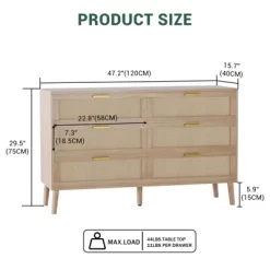 Garvee Natural Rattan Dresser With Golden Handles – Farmhouse Wood Storage Chest With 5 Strong Legs For Living Room, Bedroom & Entryway, Oak