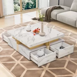 Coffee Tables With 4 Storage Drawers Modern Square Design Cocktail Table For Living Room Office Bedroom 16.5"D X 43.3"W X 43.3"H -Garvee GUEST 8c973cdc 2702 4046 ad76 59371fe603b6