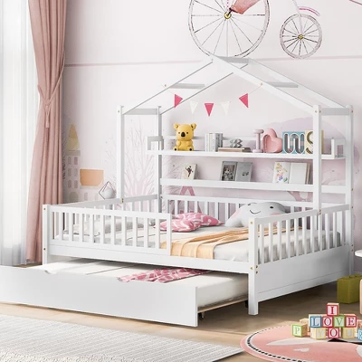 Full Size House Bed With Storage Shelves Full Size Platform Bed Frame With Twin Trundle For Kids Teens Girls Boys White 8 Full Size House Bed With Storage Shelves Full Size Platform Bed Frame With Twin Trundle For Kids Teens Girls Boys White - Image 6