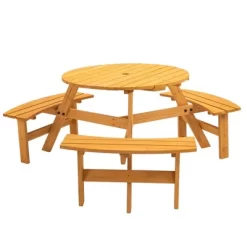6 Person Wooden Picnic Table Set, Outdoor Round Picnic Table With Benches & Umbrella Hole, Table And Bench Set For Garden Backyard Patio 17 6 Person Wooden Picnic Table Set, Outdoor Round Picnic Table With Benches & Umbrella Hole, Table And Bench Set For Garden Backyard Patio -Garvee GUEST 8cda49a3 a331 462d b6a2 920dd743fb13