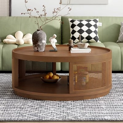 36.8'' Modern Round Coffee Table, 2 Tier Wooden Center Table With PE Rattan Side, Accent Cocktail End Table For Living Room Bedroom Office 10 36.8'' Modern Round Coffee Table, 2 Tier Wooden Center Table With PE Rattan Side, Accent Cocktail End Table For Living Room Bedroom Office - Image 8
