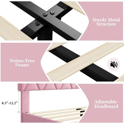 Twin/Full/Queen/King Size Bed Frame With Upholstered Headboard, Wood Slat Platform, No Box Spring Needed, Noise-Free, Easy Assembly, Pink 7 Twin/Full/Queen/King Size Bed Frame With Upholstered Headboard, Wood Slat Platform, No Box Spring Needed, Noise-Free, Easy Assembly, Pink - Image 5