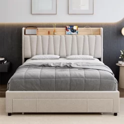 Full/Queen Size Upholstered Bed Frame With Storage Headboard, Drawer, Charging Station, Linen Platform, No Box Spring Needed 14 Full/Queen Size Upholstered Bed Frame With Storage Headboard, Drawer, Charging Station, Linen Platform, No Box Spring Needed -Garvee GUEST 90157069 a060 4af6 8e9b 353d89f609a8