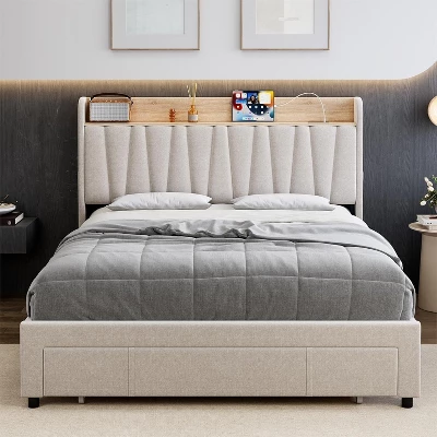 Full/Queen Size Upholstered Bed Frame With Storage Headboard, Drawer, Charging Station, Linen Platform, No Box Spring Needed 8 Full/Queen Size Upholstered Bed Frame With Storage Headboard, Drawer, Charging Station, Linen Platform, No Box Spring Needed - Image 6