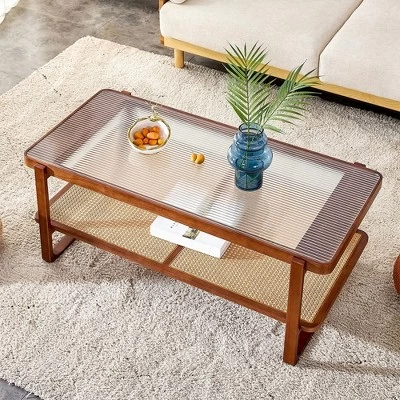 Modern Rattan Coffee Table,Rectangular Center Table With Tempered Glass Tabletop,2 Tier Wood Tea Table For Living Room Office Bedroom 3 Modern Rattan Coffee Table,Rectangular Center Table With Tempered Glass Tabletop,2 Tier Wood Tea Table For Living Room Office Bedroom