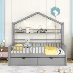 Wooden House Bed With 2 Drawers,Kids Bed With Storage Shelf