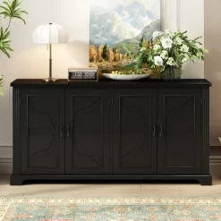 Country Style Wooden Sideboard With Pine Doors And Legs, 4 Metal Handles, For Hallway Entryway Living Room Dining Room