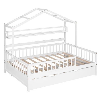 Full Size House Bed With Storage Shelves Full Size Platform Bed Frame With Twin Trundle For Kids Teens Girls Boys White 4 Full Size House Bed With Storage Shelves Full Size Platform Bed Frame With Twin Trundle For Kids Teens Girls Boys White - Image 2