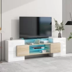 80" Modern TV Stand, Entertainment Center With 2 Illuminated Glass Shelves TV Cabinet For Living Room