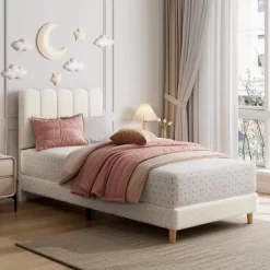Twin Upholstered Platform Bed Frame With Wave Headboard, Wood Slats, No Box Spring Needed, For Kids Or Teens