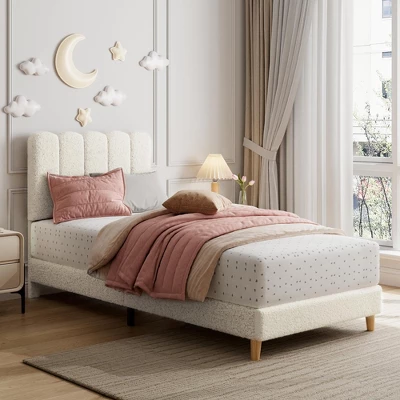 Twin Upholstered Platform Bed Frame With Wave Headboard, Wood Slats, No Box Spring Needed, For Kids Or Teens 3 Twin Upholstered Platform Bed Frame With Wave Headboard, Wood Slats, No Box Spring Needed, For Kids Or Teens