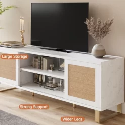 Rattan TV Stand Entertainment Center With Marble Pattern For 65" TV, White TV Console Table & Cabinet With Adjustable Shelves For Living Room, Bedroom -Garvee GUEST 924725dc 2fa8 42ae 8eba 691f4ba27e79