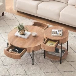 Garvee Farmhouse Round Coffee Table Solid Wood Center Table With Two Drawers, Brown -Garvee GUEST 92dbbcd2 d745 4cec 9bfa 8e69a82e1d5d