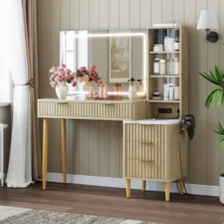 Makeup Vanity Desk With Lights, Fluted Wooden Dressing Table With 5 Drawers And Adjustable Shelves, Makeup Vanity Table Modern Glass Top For Bedroom -Garvee GUEST 937368fb 8b10 4562 b9c9 d3c2ce157bfc