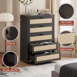 Tall Rattan Dresser With 5 Drawers,Wooden Spacious Storage Chest Of Drawers With Wide Top,Handles,Easy To Assemble,Modern Dresser -Garvee GUEST 9436d701 2976 4821 8694 c0ac83649973