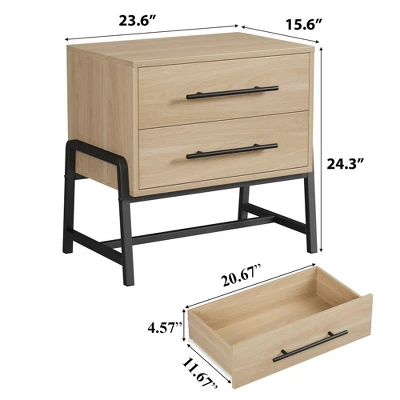 Farmhouse Nightstand With Drawers, Light Wood Side Table With Metal Legs 4 Farmhouse Nightstand With Drawers, Light Wood Side Table With Metal Legs - Image 2